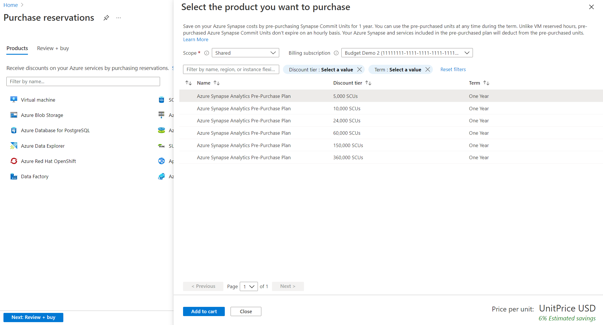 Screenshot showing the Select the product experience for the Azure Synapse Analytics Pre-Purchase Plan.