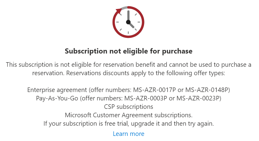 Screenshot showing the Subscription not eligible for purchase error message.