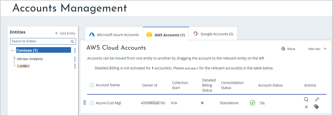 AWS account status shown on the Accounts Management page