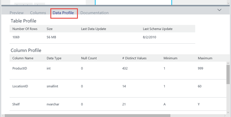 The data profile tab is selected at the top of the page, between columns and documentation.