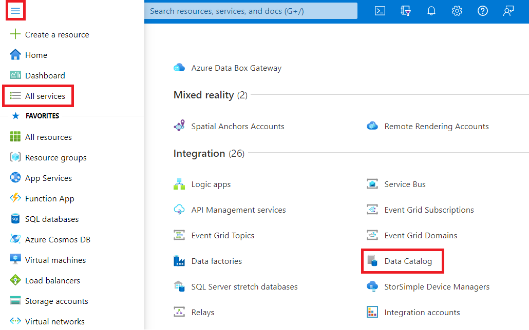 The left Azure portal menu is open, with 'all services' selected. In the services menu, Data Catalog is selected.