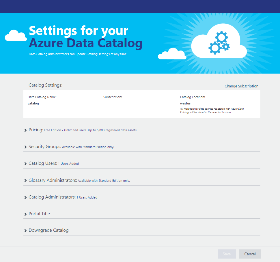 The data catalog settings page, with several expandable options.