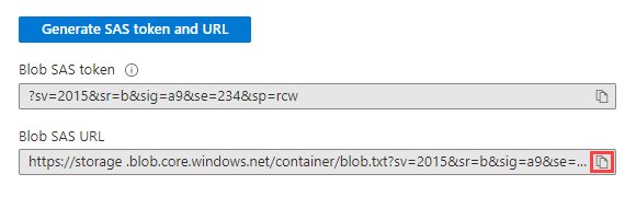 Screenshot of Azure portal with blob SAS URL generated.