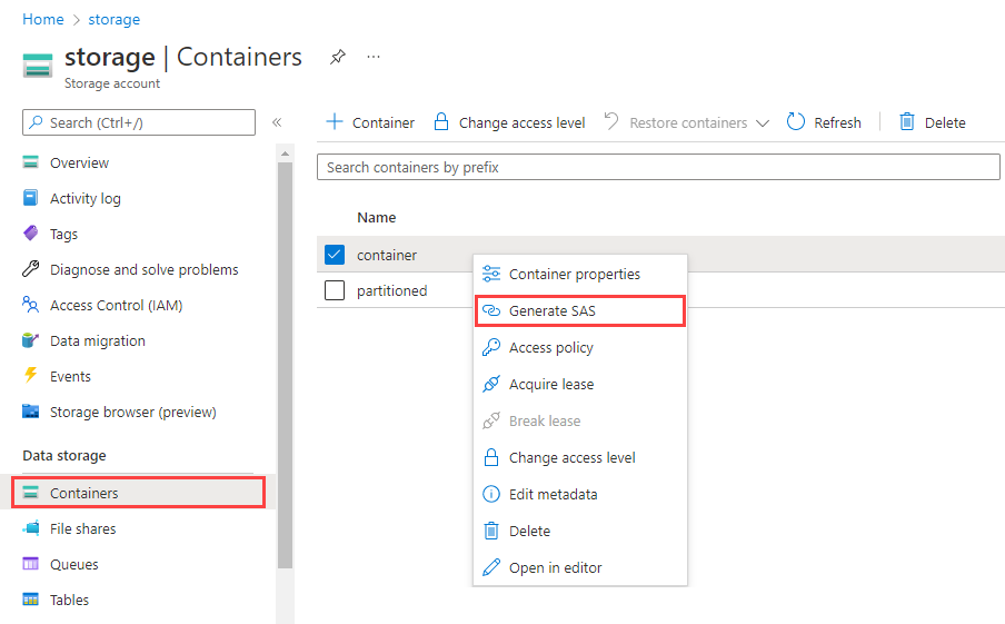 Screenshot of Azure portal with Containers selected. Specific container is right-clicked and a menu opens. Generate SAS is selected from this menu.