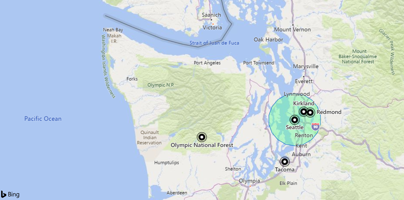 Screenshot of a map with places within 18 km of Seattle.