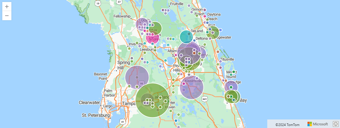 Screenshot of storm events in Orlando rendered with pie chart points on a map.