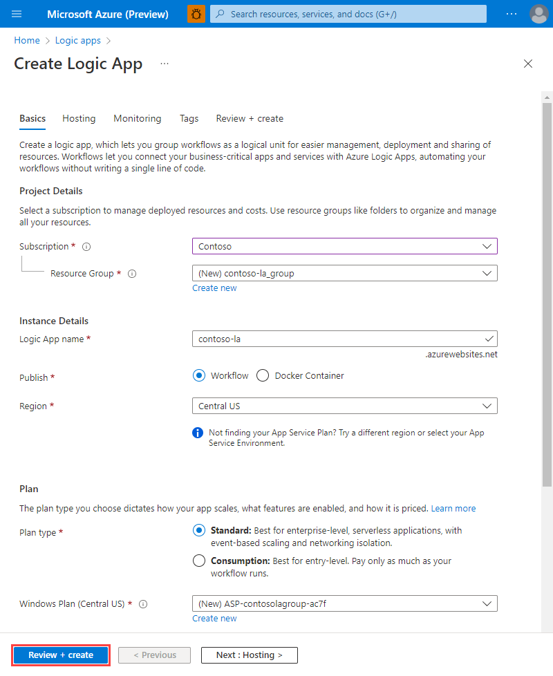 Screenshot of the Create Logic App page, showing the Basics tab filled out.