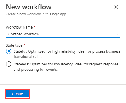 Screenshot of the New workflow page, showing the details filled out and the create button.