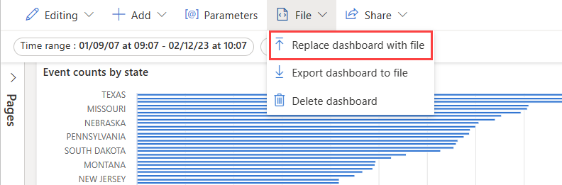 Screenshot of dashboard, showing the replace with file option.