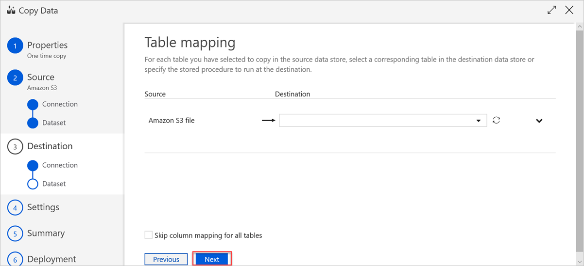 The destination dataset "Table mapping" pane