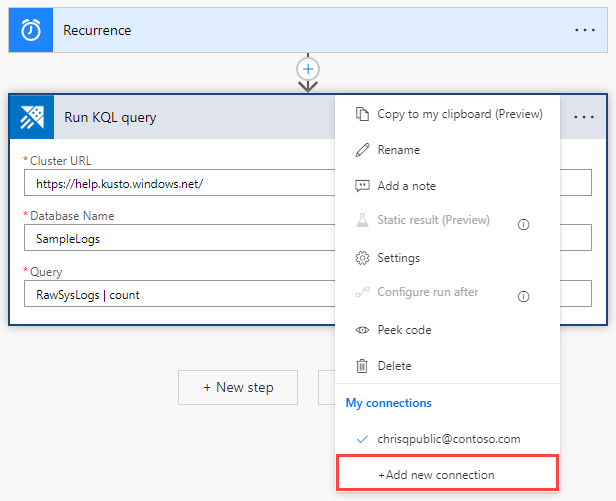 Screenshot of Azure Data Explorer connection, showing the authentication option.