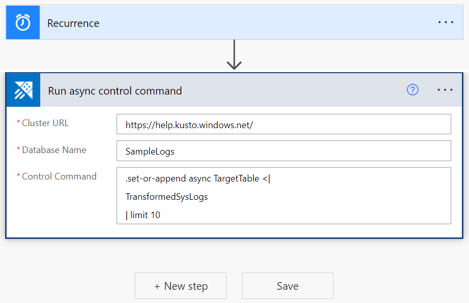 Screenshot of Azure Data Explorer connector, showing the Run async control command action.