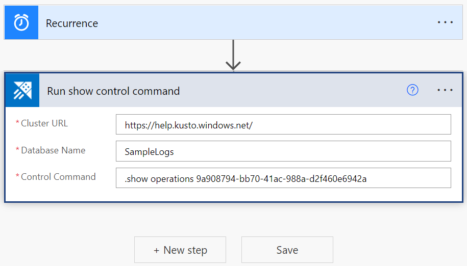 Screenshot of Azure Data Explorer connector, showing the Run show control command action.