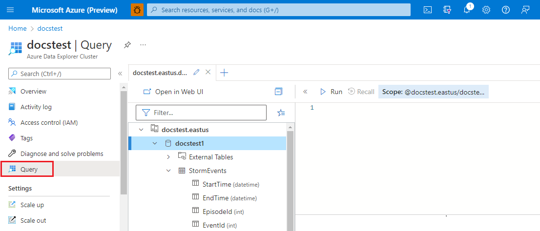 Screenshot of the Azure portal Query page, showing a selected database.