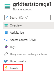 Screenshot of the Azure storage account left menu, showing the Events option.