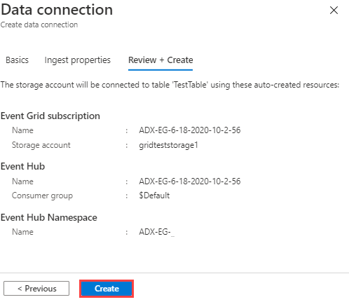 Screenshot of the Data Connection Review and create tab, showing a summary of the selected data connection settings.