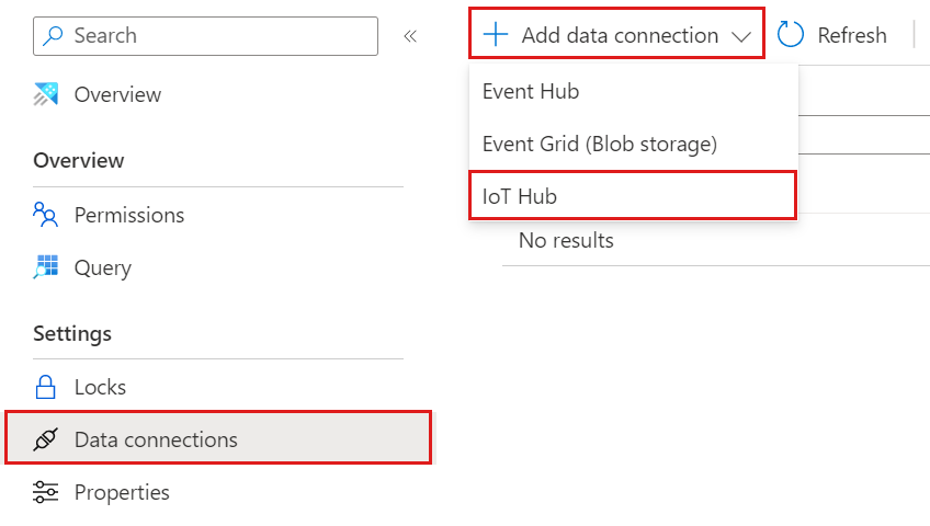 Screenshot of the Azure Data Explorer Web UI, showing the Data Ingestion window with the Add data connection tab selected.