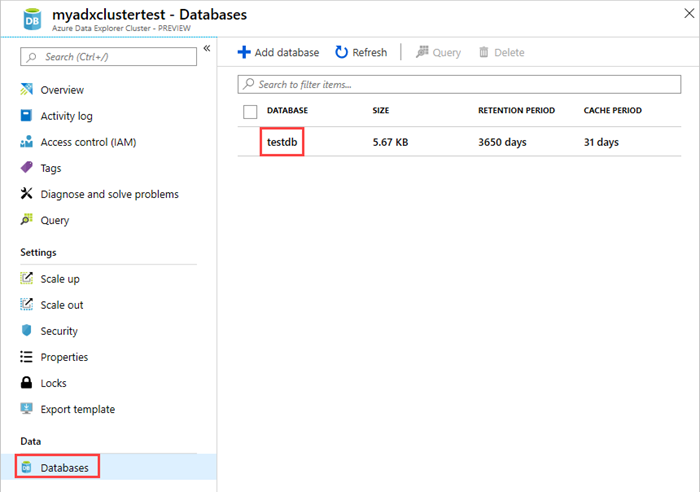 Screenshot of the Azure Data Explorer Web UI, showing a list of databases with testdb selected.