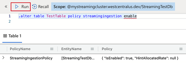 Define the streaming ingestion policy in Azure Data Explorer.