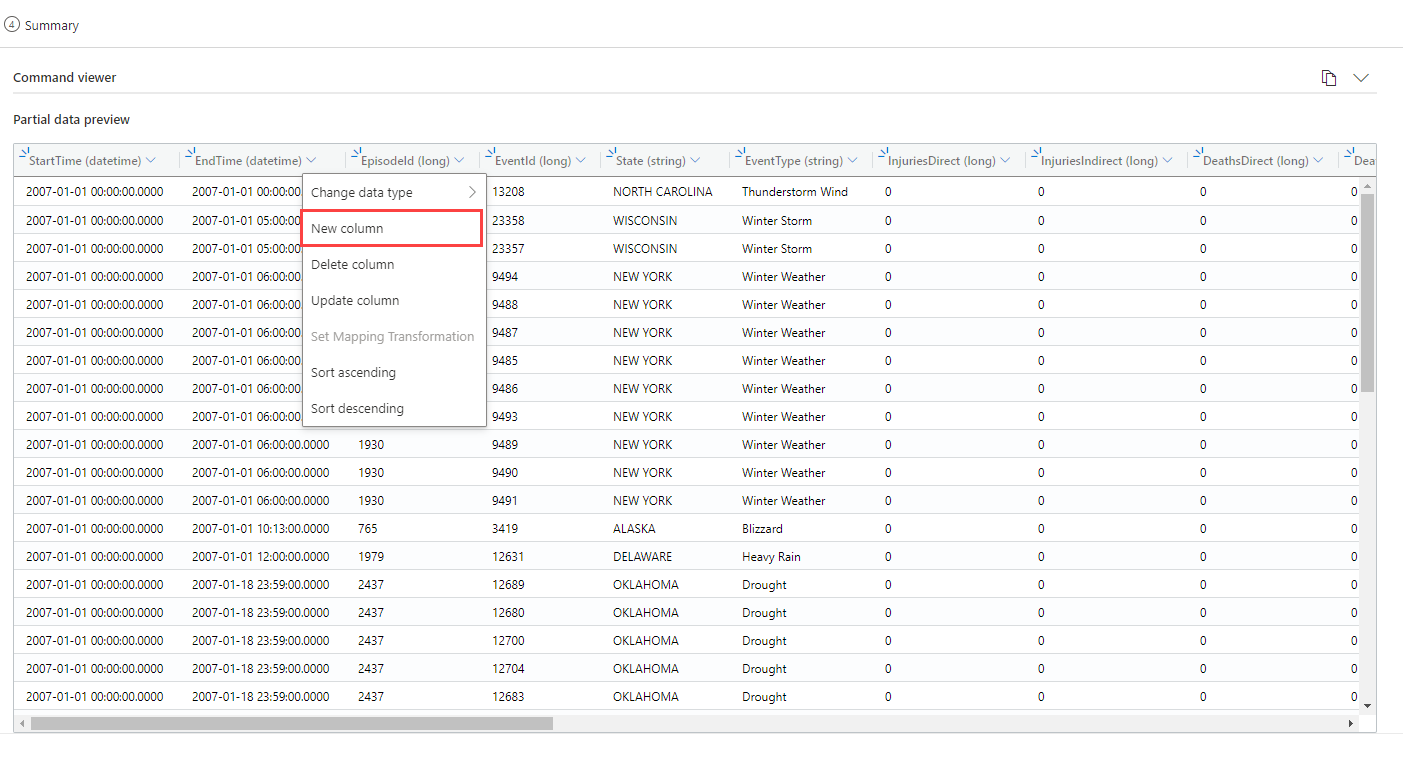 Screenshot of options to add a new column - schema tab during one click ingestion process - Azure Data Explorer.