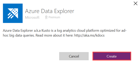 Screenshot of the Azure Data Explorer connection dialog box, highlighting the create button.