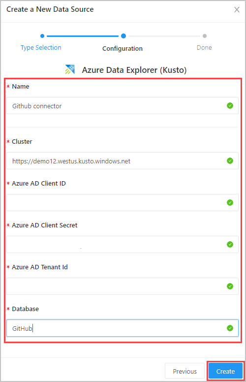 Azure Data Explorer (Kusto) settings window.
