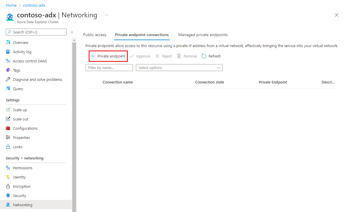 Screenshot of the networking page, showing the first step in the creation of a private endpoint.