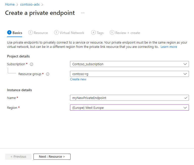 Screenshot of the create private endpoint page, showing the basic information.