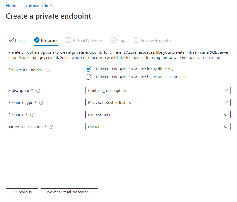 Screenshot of the create private endpoint page, showing the resources information.