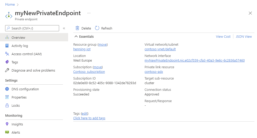 Screenshot of the create private endpoint page, showing the results of the private endpoint creation.