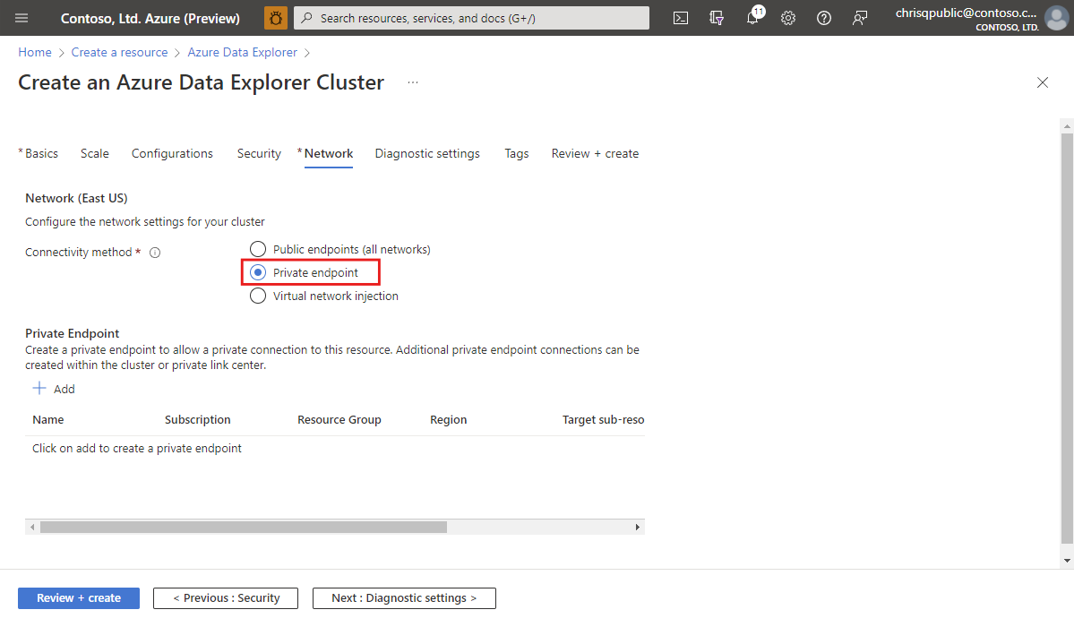 Screenshot of the cluster creation page, showing the private endpoint option during deployment.
