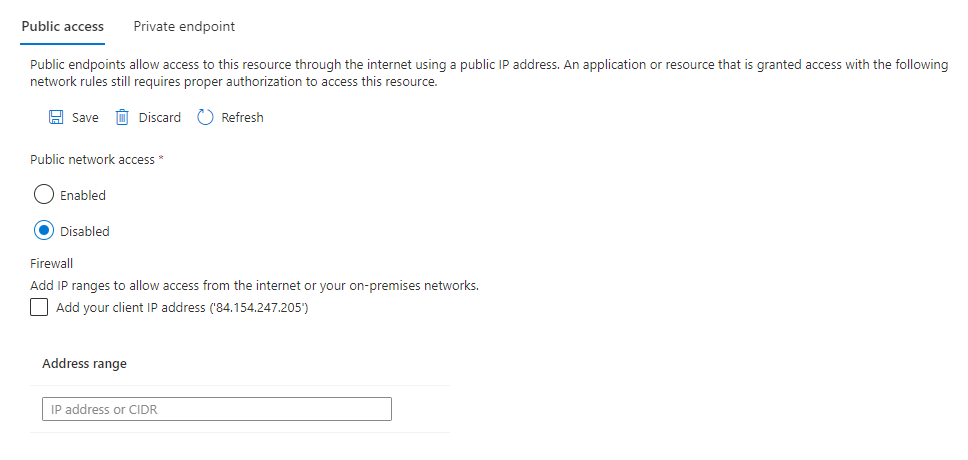 Screenshot of the networking page, showing the disable public access option.