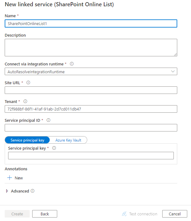 Screenshot of linked service configuration for a SharePoint Online List.