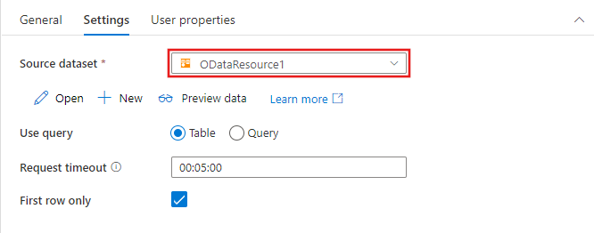 Shows the configuration options in the Lookup activity for an OData dataset.