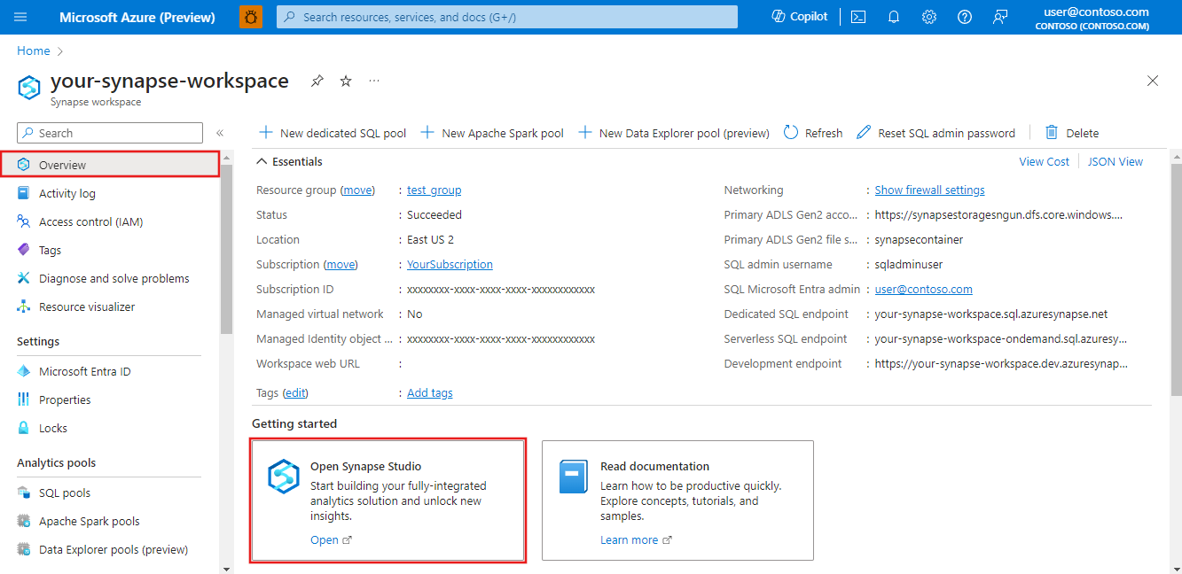 Shows a screenshot of how to open the Synapse Studio from the Azure portal.