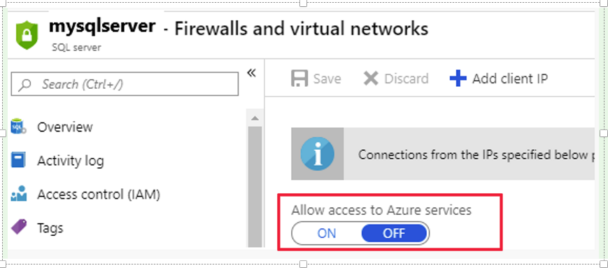 Screenshot that shows how to allow access to Azure service in firewall settings.