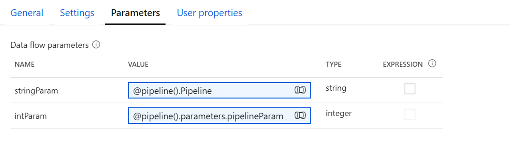 Screenshot shows the Parameters tab with parameters named stringParam and intParam.