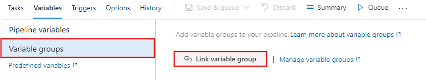 Shows the pipeline Variables tab highlighting the Link variable group button.