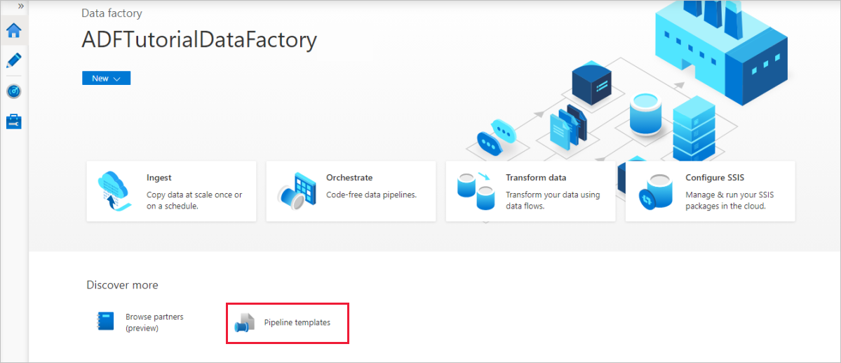 Screenshot showing how to open the template gallery from the Data Factory home page.