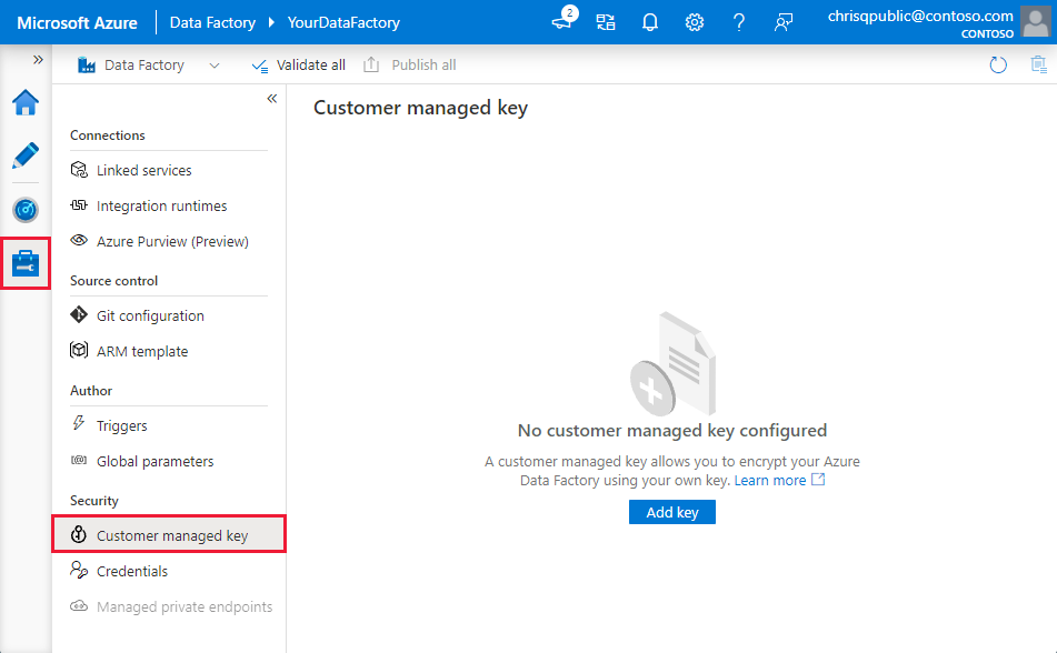 Screenshot how to enable Customer-managed Key in Data Factory UI.
