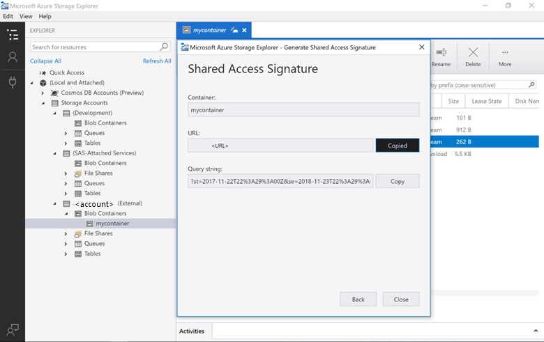 Copy and save the Shared Access Signature
