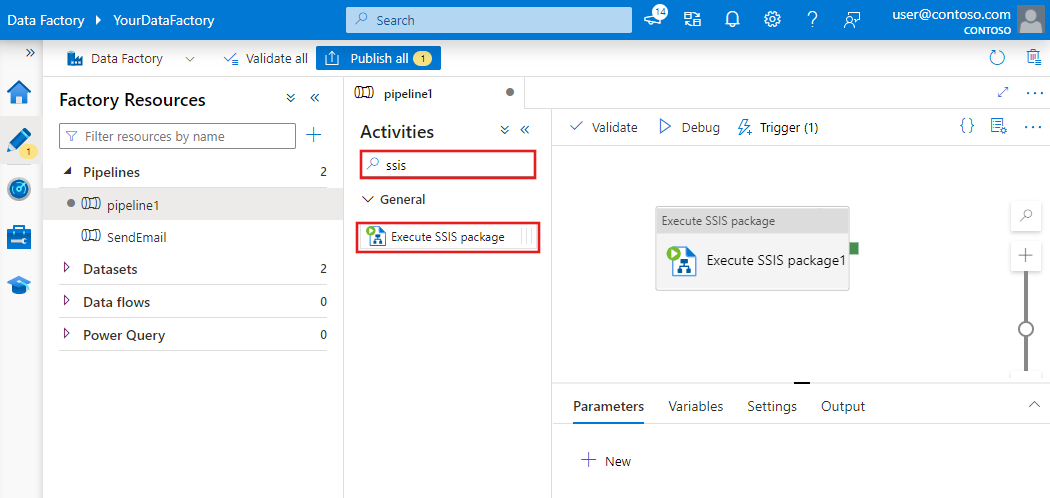 Drag an Execute SSIS Package activity to the designer surface