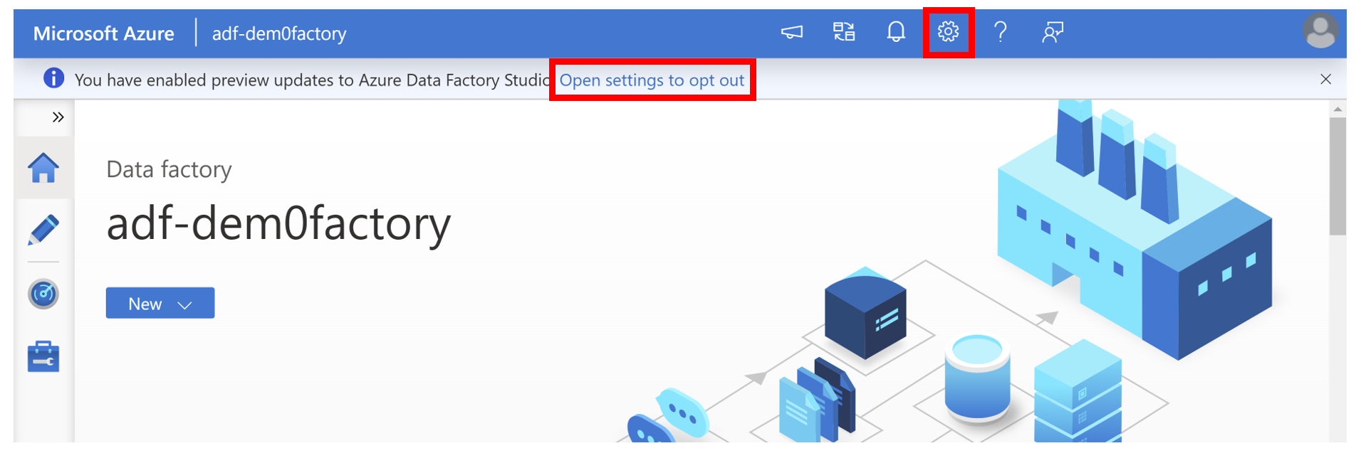 Screenshot of Azure Data Factory home page with an Opt-out option in a banner at the top of the screen and Settings gear in the top right corner of the screen.