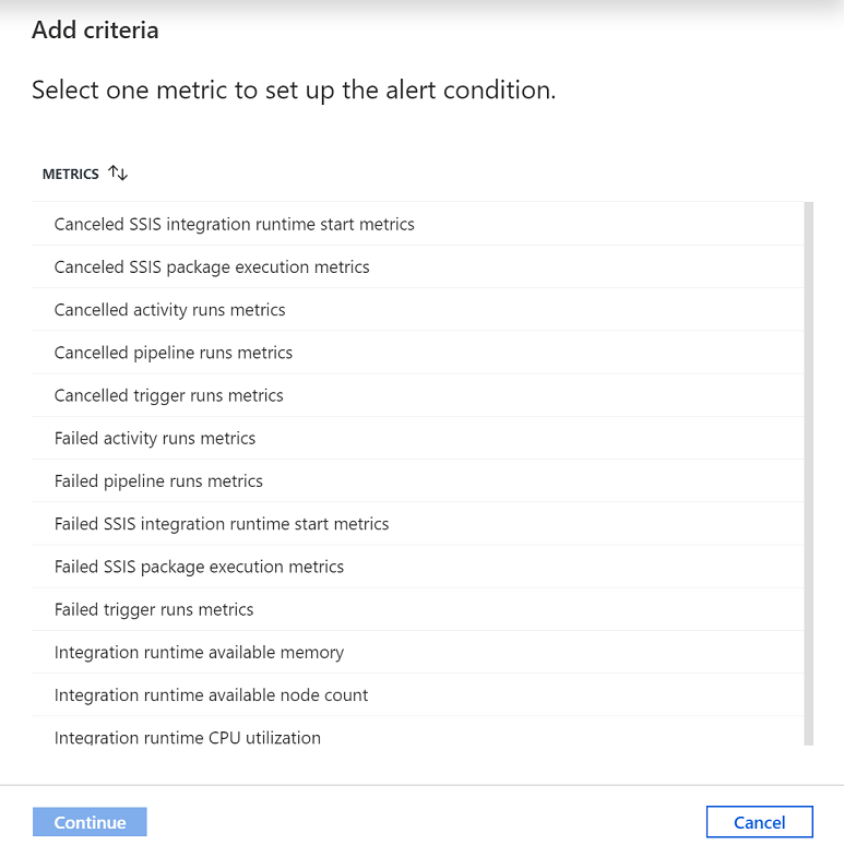Screenshot that shows where you select one metric to set up the alert condition.