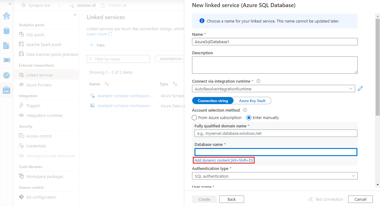 Add dynamic content to the Linked Service definition