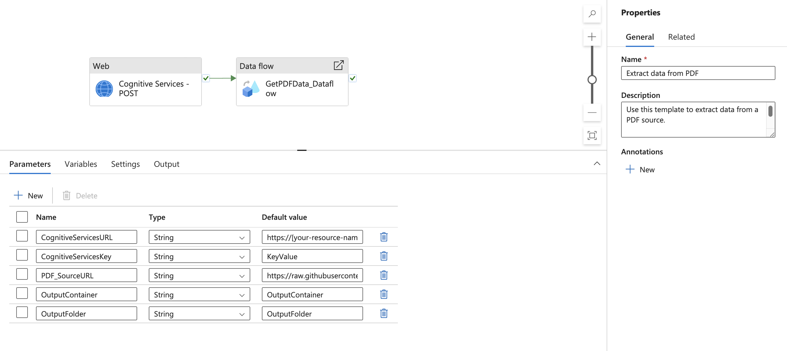 Screenshot of pipeline view with web activity linking to a dataflow activity.