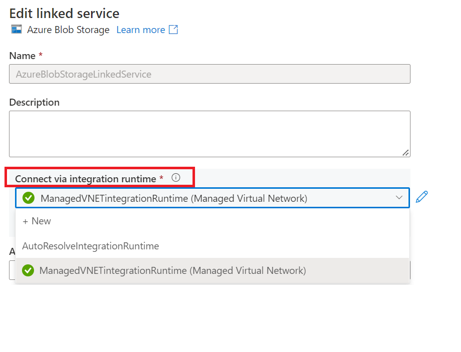 Screenshot of modifying the integration runtime reference in the linked service.