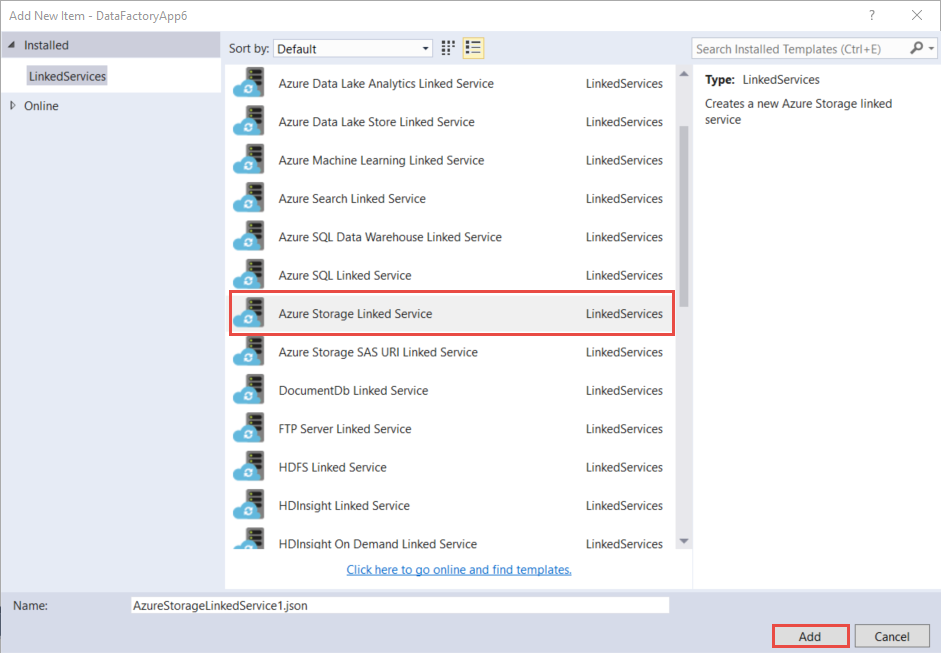 Screenshot that highlights Azure Storage Linked Service in the list.