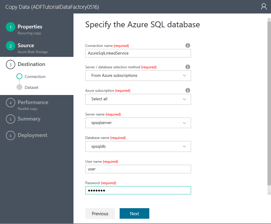 Copy Tool - specify Azure SQL Database