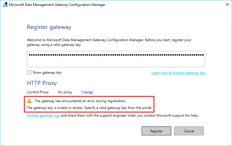 Screenshot that highlights the error message that indicates the gateway key is invalid or empty.